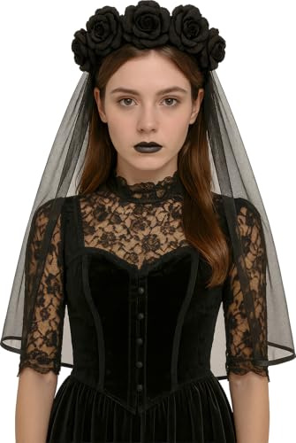 FIESTAS GUIRCA | Schwarze Witwe Haarreif mit langem schwarzem Schleier und Blumen - Gothic Kostüm Zubehör für Halloween und Cosplay - Ideales Zubehör für Hexe, Vampirin, Zauberin und Braut