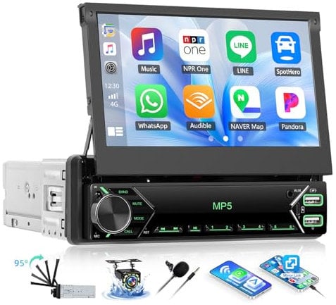 OiLiehu Single Din Touchscreen Car Stereo with Wireless CarPlay Android Auto, 7'' Flip Out Car Screen with Bluetooth, Mirror Link, FM Radio, EQ, SWC, AUX-IN, 2 USB, Type-C, Backup Camera, MIC