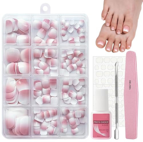 Ombre French False Toenails Kit, 240 PCS Square Short Press on Nails for Toe, Gradient Pink French Fake Toe Nails, Soft Gel Pink Tip Stick on Toenails with Glue for Easy Nail Art, Suitable for Women