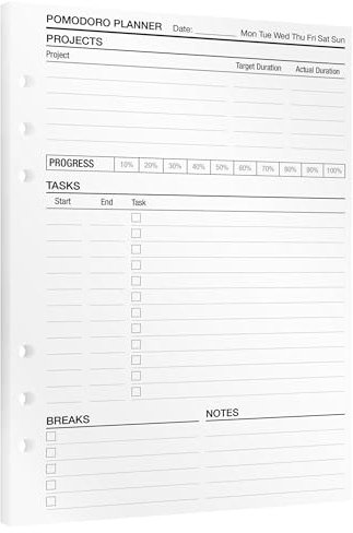 KOMPASS® Pomodoro Planner Inserts | 30 A5 Refills | Time Management & Productivity System | Focus & Efficiency | Daily Planner, Bullet Journal, Goal Setting, A5 Notebook Refills