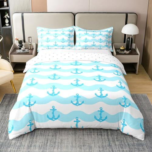 Homemissing Anker 100% Baumwolle Bettwäsche Set 135x200cm Kinder Hellblaue Streife Bettwäsche-Set für Kinder Jungen Mädchen Ozean Nautische Bettbezug Küstengeometrie Schlafzimmer Dekor Bettbezug