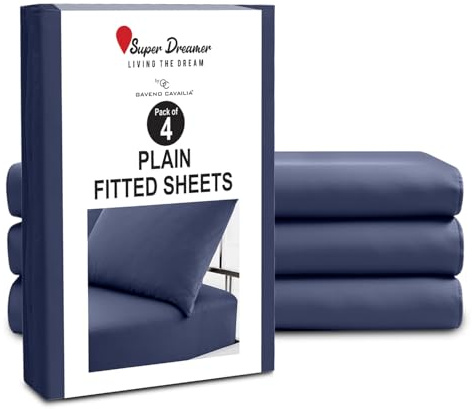 GC GAVENO CAVAILIA Microfiber Fitted Sheet Single - 4 Pack Plain Bed Sheets - Deep Pocket 10 inch (25cm) - Shrinkage, Fade & Wrinkle Resistant Bottom Sheet, Fit to Mattress (91x190 cm) - Navy