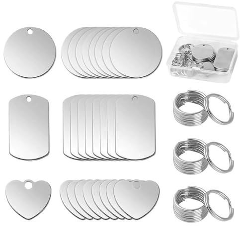 pclapora 24 Pièces Étiquettes Vierges en Acier Inoxydable, Étiquettes d'Estampage Vierges, Redondo Rectangular en Forma de Corazón en Blanco Colgante Llavero pour DIY Porte-Clés, Chien Plaque
