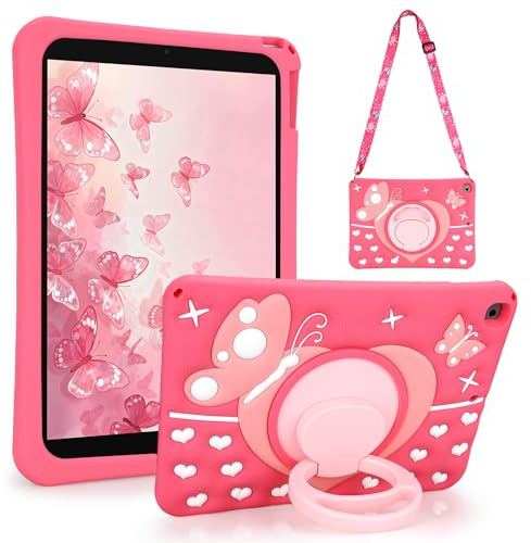 SEUMOO for iPad 9th 8th 7th Generation Case Kids 10.2 inch (2021/2020/2019) Case with Shoulder Strap Rotating Stand Cute Shockproof Silicone Butterfly Tablet Cover for iPad 9 8 7 Gen Girls Pink