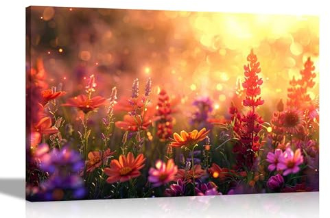 Artley Prints - Sunshine Over Summer Flowers Framed Canvas Wall Pictures Botanical Prints For Office Home Hallway Decoration 40 x 30cm (16 x 12 inches) A3