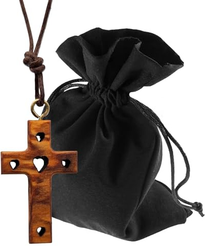 Lunexus Kreuzkette - Naturbraun (Olivenholz), schwarze Kordel - 80 cm | Olivenholz aus Bethlehem, handgeschnitzt - 80 cm Kordel mit 3 Knoten (Dreifaltigkeit) - zu Taufe, Kommunion, Firmung