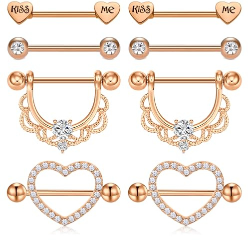 Crdifu 14G 16mm Brustwarzenpiercing Chirurgenstahl, 1,6mm Nippelpiercing Rosegold Frau Mann, Piercing Brustwarze Set Herz, Kiss Me Brustpiercing 5mm Kugel, Nipple Bar Piercings Barbell Körperschmuck