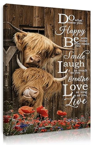 Wandbild mit Rahmen 30×40 cm – Lustiges Highland Cow Leinwandbild für Wohnzimmer Schlafzimmer Küche Büro – Moderne Bilder inkl. Haken, Nägel & Magischer Klettbefestigung – Wanddeko Kunst