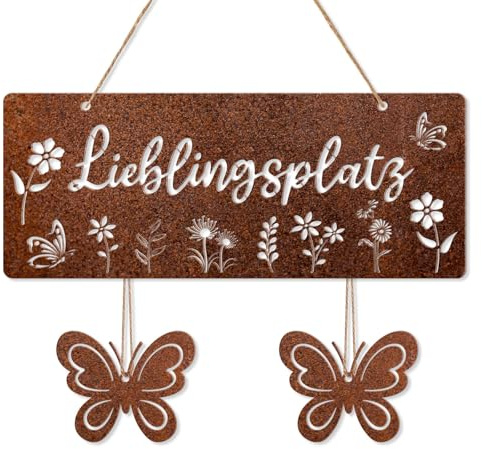 KOYILTD Lieblingsplatz Schild Gartendeko Metall 25 x 10 cm Rostschilder mit 2 Rostoptik Schmetterlinge Dekos für Garten Schild (Rost Vivid)