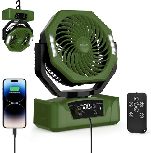ELZO 20000mAh Camping Fan with LED Light, Portable Rechargeable Desk Tent USB Fan with Remote & Hook, Head Rotation, 5 Step Speed, with Sleep Mode for Home Outdoor Office Travel Fishing