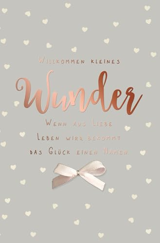 Skorpion PremiumLine Glückwunschkarte zur Geburt Jungen mit echter weißer Schleife & roségoldener Folienprägung – Willkommen kleines Wunder – inkl. Umschlag – 11,5 x 17 cm