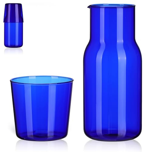 GALPADA Juego de Vasos de Cristal Azul y Botella de Vidrio Borosilicato 1 Vaso 1 Botella para Bebidas Frías en Hogar Oficina Hotel, Cristalería Resistente Alta Temperatura, Conjunto