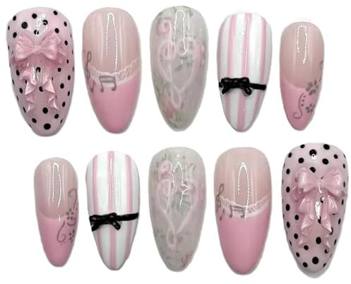 30pcs Music Notes Vine Pink French Style Cat's Eye False Nails Bows Polka Dot Designs Press On Nail Manicure Decorations(Y1)