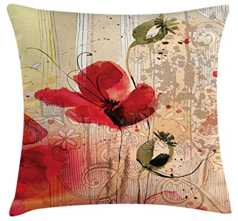 ABAKUHAUS Blumen Kissenbezug, Retro Blumenmuster, mit Reißverschluss Waschbar Beidseitiger Digitaldruck Klare Farben Hochwertige Stoff, 40 x 40 cm, Beige Rot