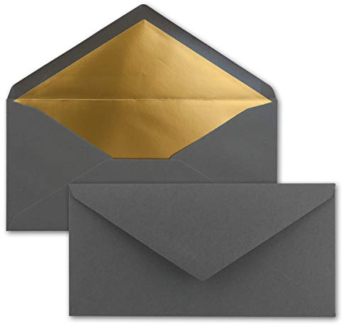 15 Brief-Umschläge DIN Lang - Anthrazit-Grau mit Gold-Metallic Innen-Futter - 110 x 220 mm - Nassklebung - festliche Kuverts für Einladungen