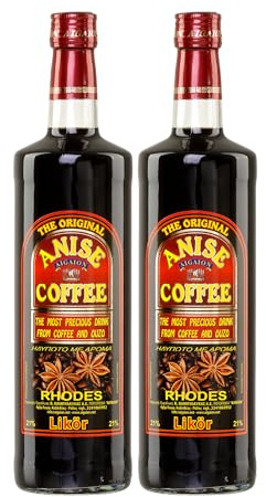 Kaffee Ouzo Likör 2x 1,0l 21% | Das Original von Rhodos | Anis Coffee Aigaion | + 20ml Jassas Olivenöl