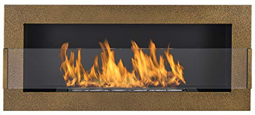 Biokamin Nice-House Gold 90x40cm mit Glasscheibe. 900x400mm antikgoldener Biokamin zum direkten Aufhängen an die Wand oder zur Montage in Einer Wandöffnung.
