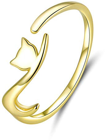 Ategazza Damen Ring Katze 925 Sterling Silber Offener Verstellbarer Ring mit Süßem Design GA01 (Gold1)