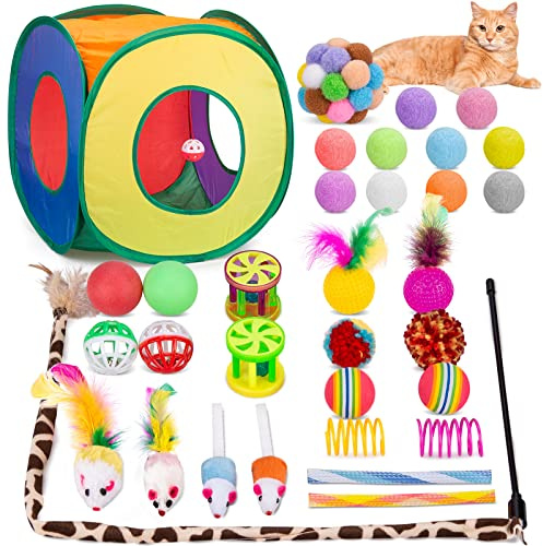 Retro Shaw Cat Toys Pack 33Pcs, Interactive Kitten Toys for Indoor Kittens Cats, Collapsible Kitty Play Tunnel Tent Feather Wand Balls Bell Springs Mouse Kitty Toys for All Breeds 15.7 Inches
