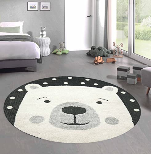CARPETIA Kinderzimmer Teppich Baby Spielteppich 3D Optik High Low Effekt Eisbär Creme grau schwarz, 160 cm rund