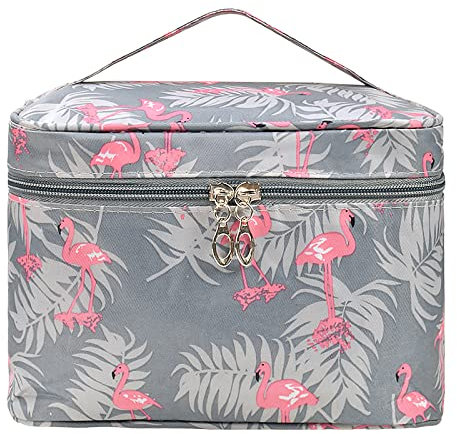 Grande trousse de toilette de voyage avec fermeture éclair double et poignée pour femmes, adolescentes, filles et voyages, Flamant rose gris.