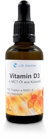 Life Solution – Vitamin D3 Tropfen - ca. 1700 Tropfen - 5000 I.E. pro Tropfen – hoch dosiert - optimale Bioverfügbarkeit – ohne Zusatzstoffe – 50 ml