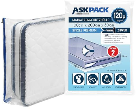ASK Pack 2 Matratzenschutzhüllen mit Anker-Reißverschluss - Größen von XS bis XXL, Wasserdicht, Reißfest, Ultra Starkes Material 120 Mikron - Ideal für Umzug, Lagerung und Transport - 100x200 cm