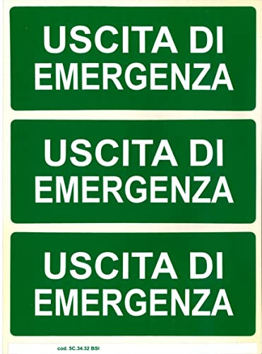 TIESSE - 3 adesivi USCITA DI EMERGENZA - Vinile adesivo ad alte prestazioni - Dimensione: 3 etichette 210x90 mm su foglio A4 (210x297 mm) - MADE IN ITALY
