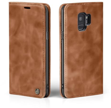 LBH Handyhülle für Samsung Galaxy S9 in Hellbraun mit Karten- und Geldfach Smartphone Hülle mit Standfunktion Flip Case Schutzhülle Magnetverschluss Vintage