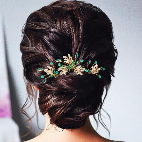 Flayem Braut Hochzeit Haarnadeln Strass Grün Blatt Haarschmuck Kristallblättern Brautschmuck für Frauen und Mädchen 3Stück