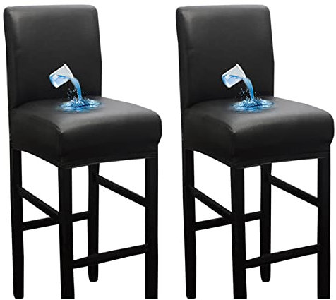 Bestenrose Wasserdicht Stuhlhussen 2er Set BarStuhlhussen PU Leder Stuhlbezug Barhocker Bezüge Stretch Hochhocker stuhlbezüge Stuhlbezug für Esszimmerstuh (Schwarz, 2 Stück)
