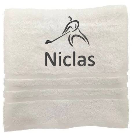 Personalisiertes Handtuch mit Namen Schön gestickter Sport Name Handbadetuch 100% Baumwollhandtuch Sportliche Motive Personalized Custom Towel with Name (140 x 70 cm, Eishockey)