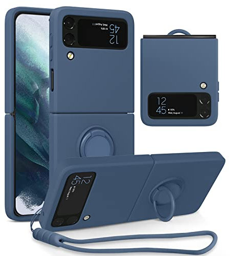 UEEBAI Hülle für Samsung Galaxy Z Flip 3 5G, Ultra Dünn Silikon Handyhülle mit 360 Grad Drehbarer Ringhalter Handschlaufe Magnetische Autohalterung Schutzhülle TPU Bumper Cover - Navy Blau