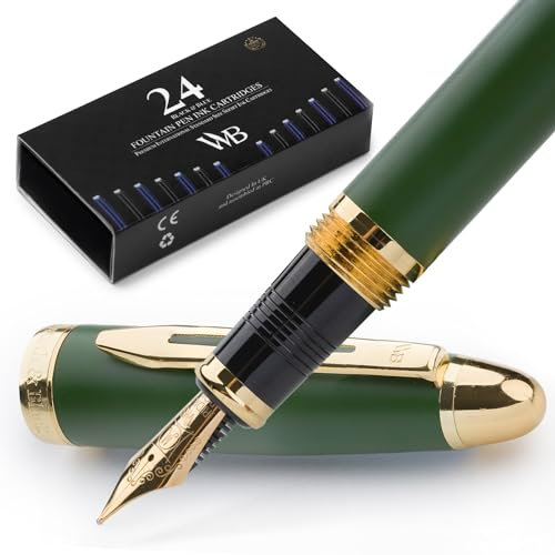 Wordsworth & Black Majesti Füllfederhalter (grün), luxuriöse Hülle, 24 Karat Gold-Finish, mittlere Feder 18 Karat – Tintenpatronen, nachfüllbarer Tintenkonverter – Kalligraphie-Stift