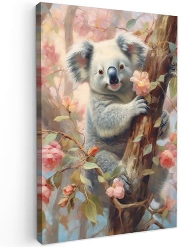 MuchoWow© Impression sur Toile Peinture 20x30 cm Tableau Mural Decoration Salon Reproductions de Tableaux Murale Moderne Koala - Fleurs - Rose - Animaux