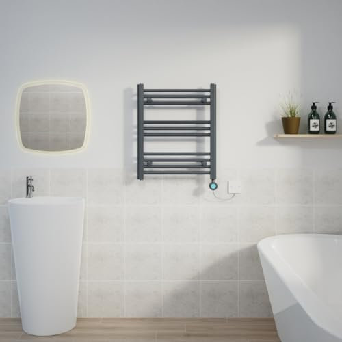 WarmeHaus 400W Electric Thermostatic Heated Towel Rail Bathroom Radiators Straight with LCD Display Timer - Anthracite - 600x500mm