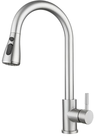 ABRVUAHM Kitchen Sink Taps Mixer With Pull Out Spray, Stainless Steel Single Lever, High Arc 360° Swivel 3 Spray Modes Faucet - Brushed Nickel