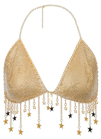 Faxianther Women Glitter Rhinestones Halter Bra with Tassels Stars, Sexy See Through Crop Top Tank Top Vest Raves Beach Bikini Top Costume Party Outfit Camisole Night Out Camis Clubwear