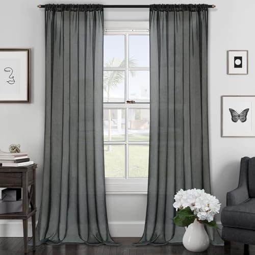 MRTREES vorhänge Schlafzimmer Anthrazit Gardinen mit Store Vorhang Voile halbtransparent in Leinenoptik Gardine Schals 225×140cm (H×B) 2er Set für Wohnzimmer Schlafzimmer Kinderzimmer küchenfenster