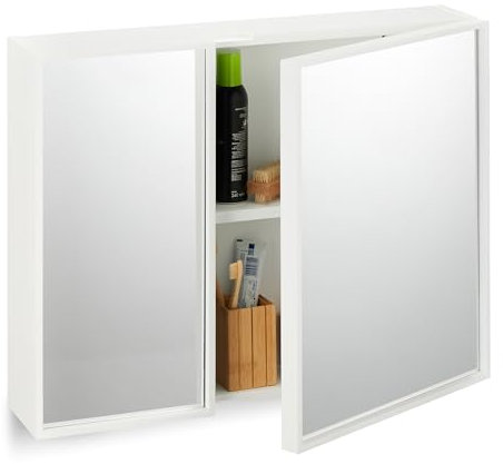 Relaxdays Spiegelschrank, 2-türig, Badschrank beidseitig verspiegelt, HBT: 50x65x15,5 cm, Badezimmer Hängeschrank, weiß