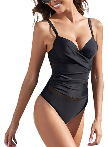 Yutdeng Traje de Baño Mujer Una Pieza Push Up Bañador Reductor Barriga Bañadores con Aros Vientre Plano Cintura con Malla Bañador Deportivo Mujer Bañadores Natacion Talla Grande,Negro,L