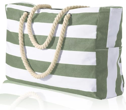 Hillylolly Sac de Plage, Sac de Plage Femme, Sac Plage Pliable, Sac Cabas Femme à Fermeture, Sac de Plage, Sac de Plage xxl Extra Large Famille pour Voyages à La Plage, Piscine, Fitness (Vert)