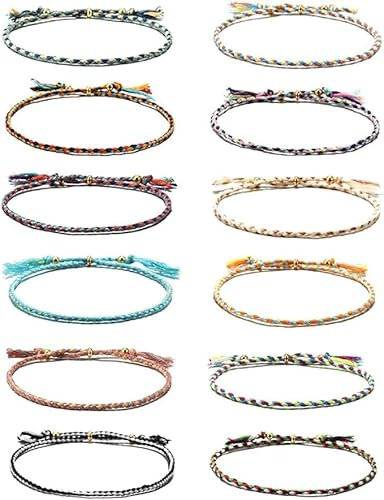 Belugsin Bracelets D'amitié 12 Pièces Multicolore Tissé Mince Cordes Cordon Tressé Réglable pour Femme Adolescente et Fille Cadeau D'anniversaire