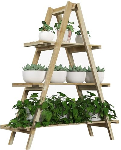 Outsunny Étagère à Fleurs pyramidale en Bois Pliante - Porte Plante Bois 3 étagères - dim. 100L x 36l x 112H cm - Bois Massif de Sapin Clair