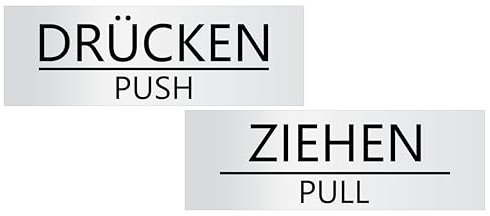 Türschild DRÜCKEN ZIEHEN Set mehrsprachig PUSH PULL | selbstklebend 2er-Set 60x20mm silber (matt) mit schwarzer Schrift UV-beständiges Kunststoffschild