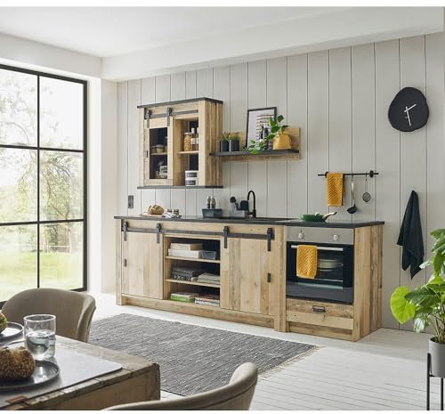Lomadox Küchenzeile 4-teilig in Old Style hell mit anthrazit Küchenschrank Küchenmöbel Wandregal Spültisch Hängeschrank modern