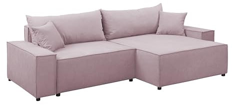 FORNIRO 24 Parma Ecksofa mit Schlaffunktion und Bettkasten - Sofa für 3 Personen mit Kissen - Schlafcouch L-Form Universal - Modern Couch - Stoff Basic - 250x150x70 cm - Rosa