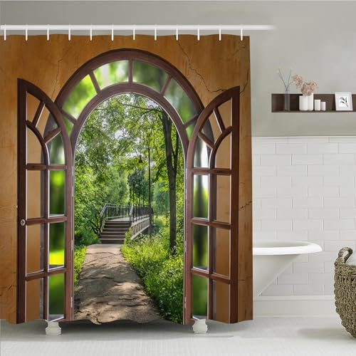 Simpomsy Garden Shower Curtain Woods Sunshine Gate Nature Scenery Shower Curtain Waterproof 3D Outdoor Scenery Bathroom Curtains Decoration with 12 Hook 200x180cm