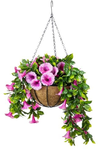 STI Vaso da Appendere in Cocco con Catenella e Gancio con pianta Artificiale Ipomea Cadente Viola Diametro 35cm