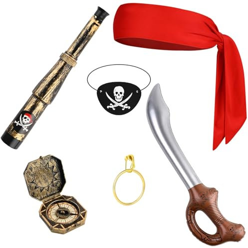 Piratenkostüm-Zubehör, einschließlich Augenmaske, rotes Bandana, Kompass, Teleskop für Halloween, Piraten, Rollenspielzubehör, 6 Stück